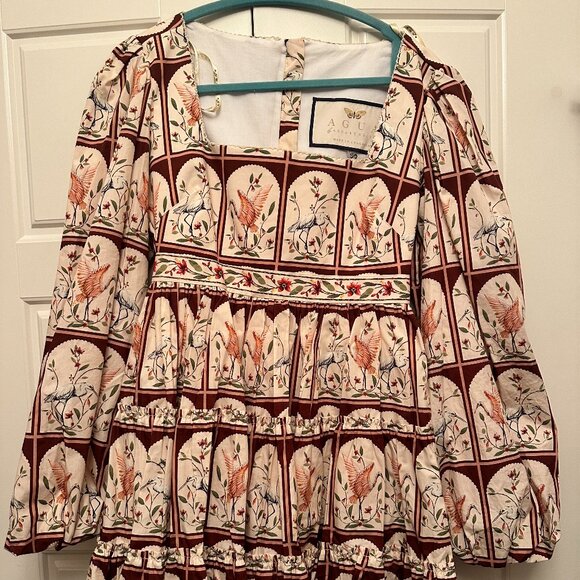 Agua by Agua Bendita Long Sleeve Dress - Cream and Brown with Bird Motif - Picture 1 of 3